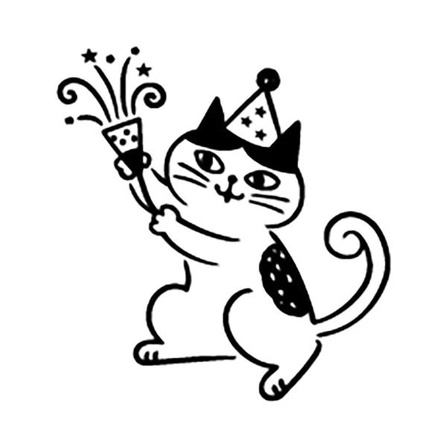 A black and white illustration of a cat wearing a party hat and holding a party horn, with stars and a stream of confetti coming out of the horn.