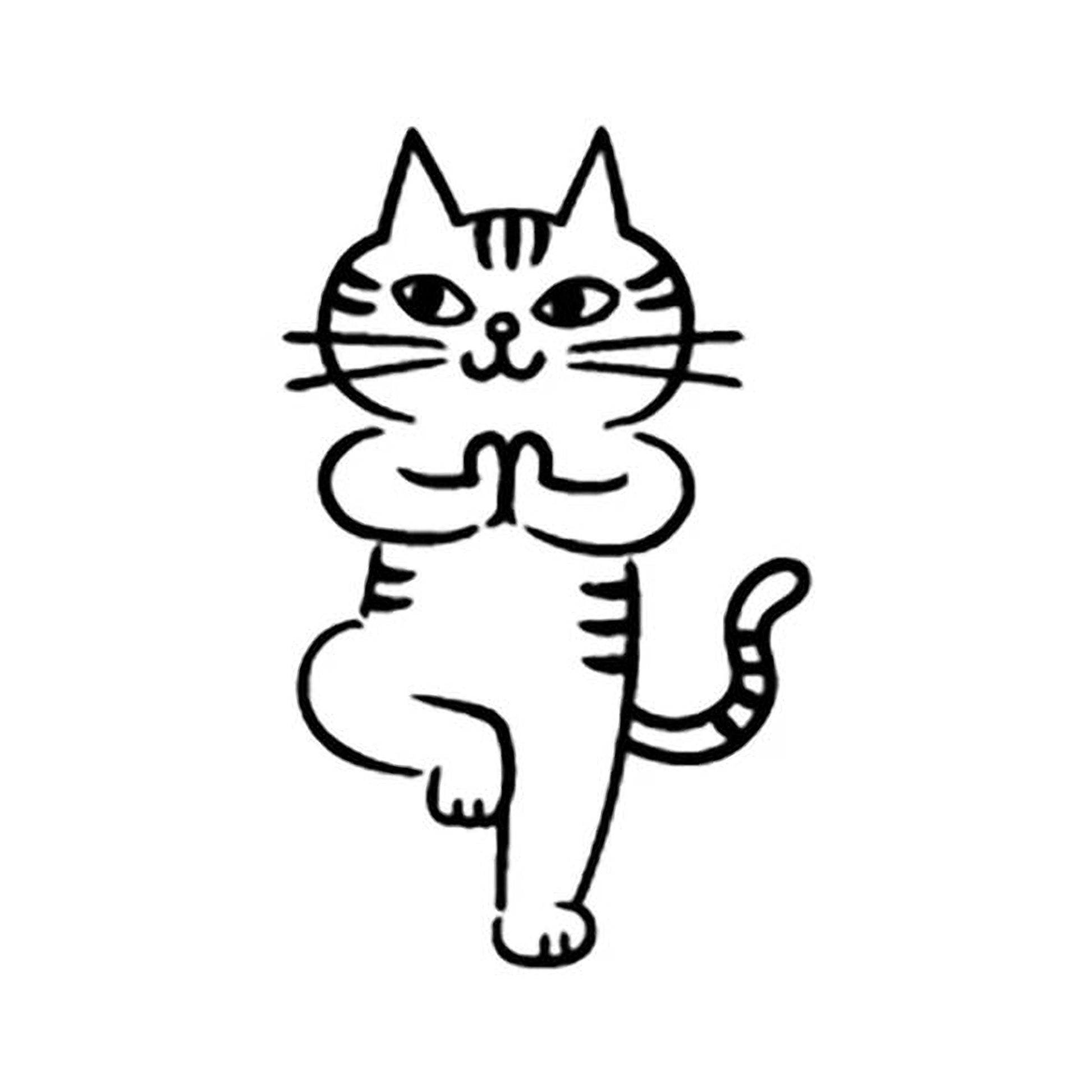 A simple black and white line drawing of a cat standing on its hind legs with its front paws resting on its stomach.