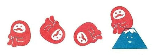a series of red cartoon-like creatures with faces, including a red character with a mustache, a red character with a mustache and a mustache-like face, and a red character with a face resembling a mountain.