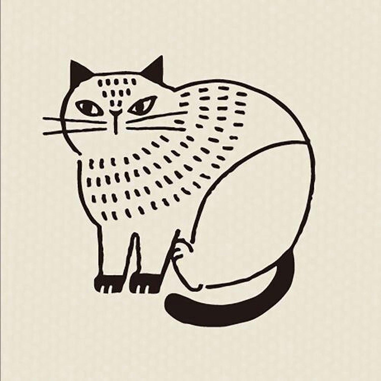 A simple black and white illustration of a cat with a textured appearance.