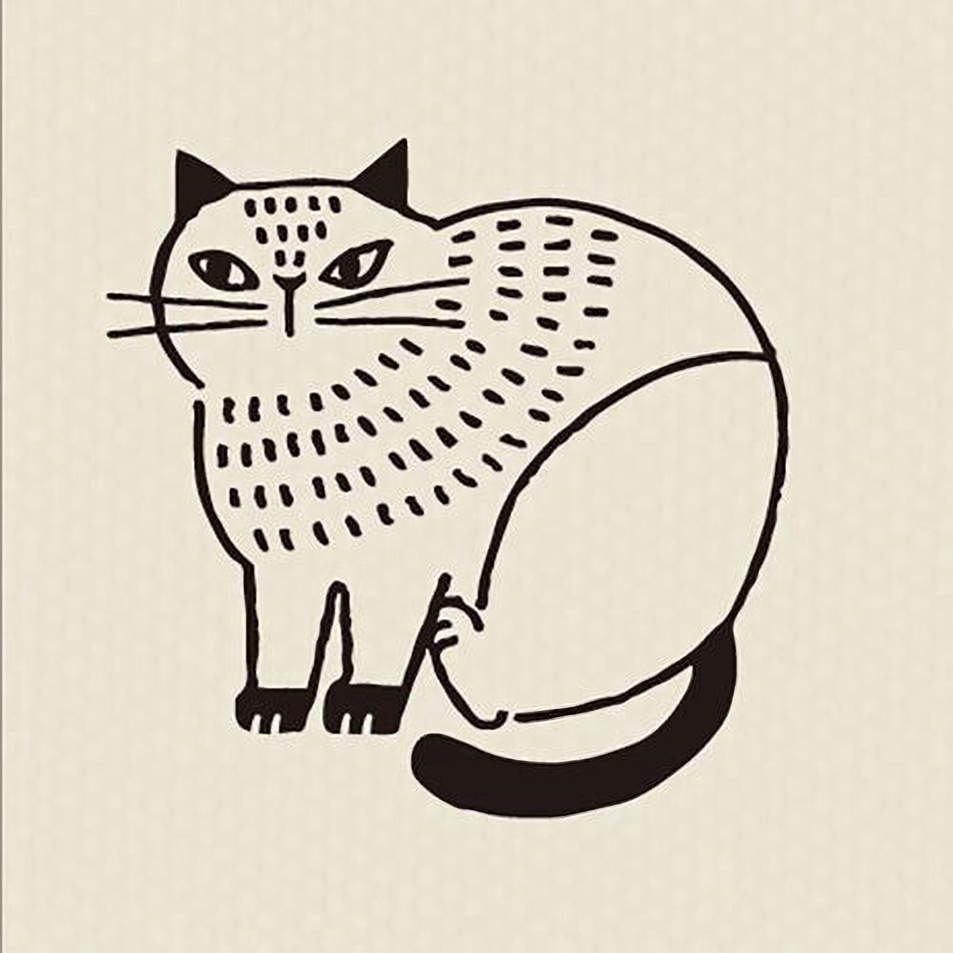 A simple black and white illustration of a cat with a textured appearance.