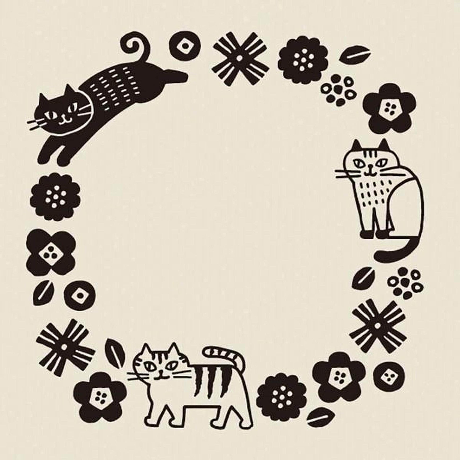 A black and white illustration featuring three cats and various floral and geometric elements arranged in a circular frame.