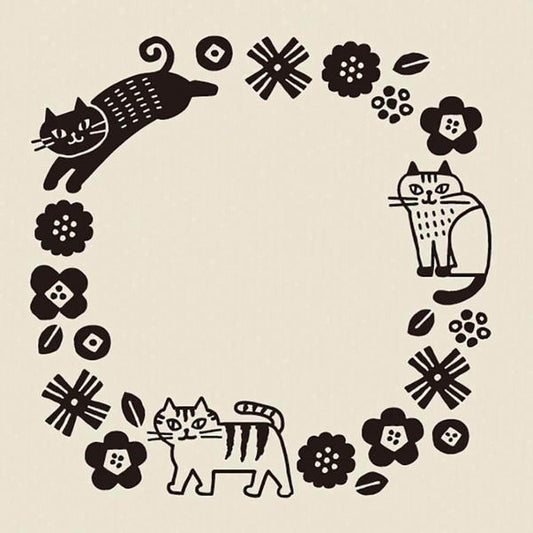 A black and white illustration featuring three cats and various floral and geometric elements arranged in a circular frame.