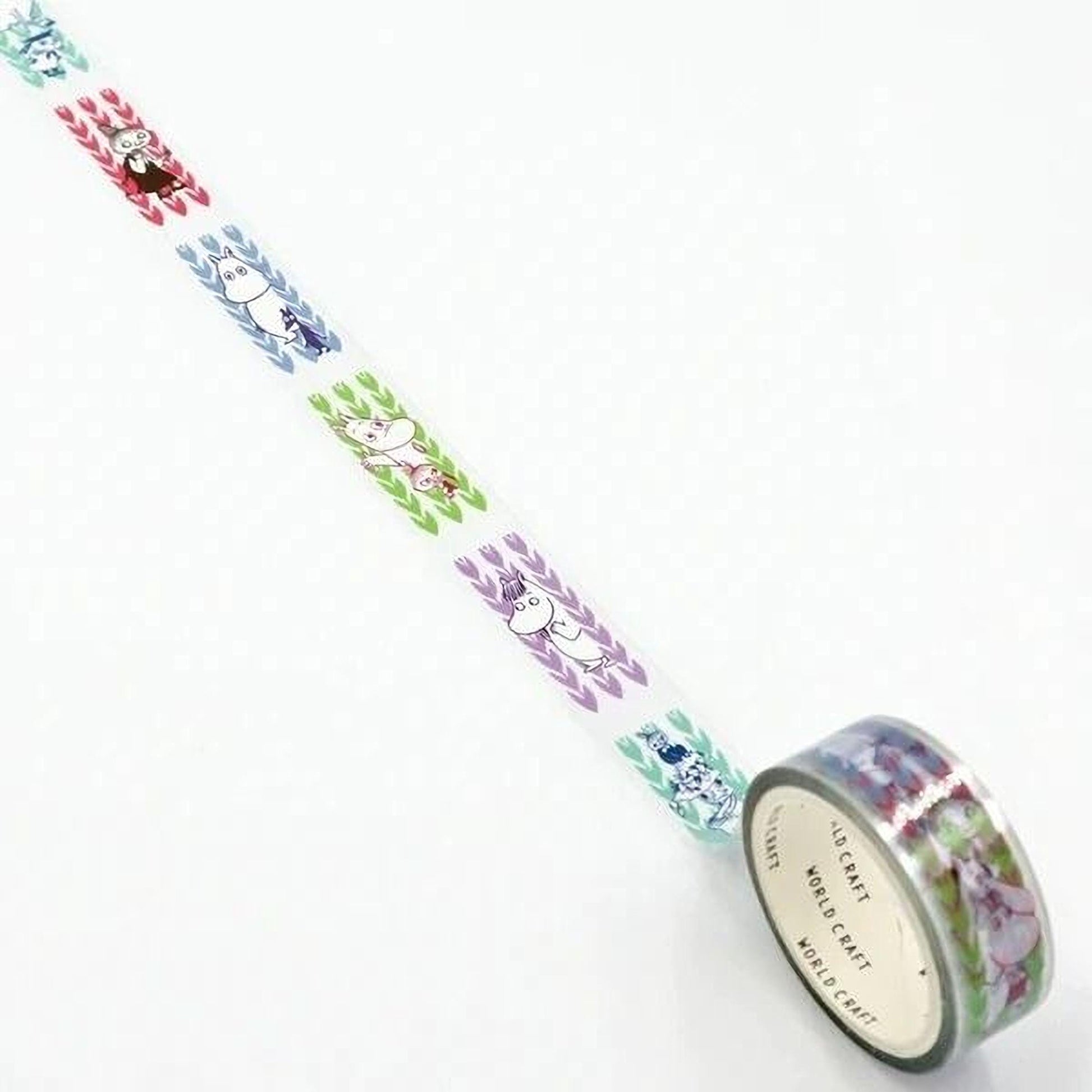 A roll of colorful washi tape with a pattern of cartoon characters on it, placed on a white surface.