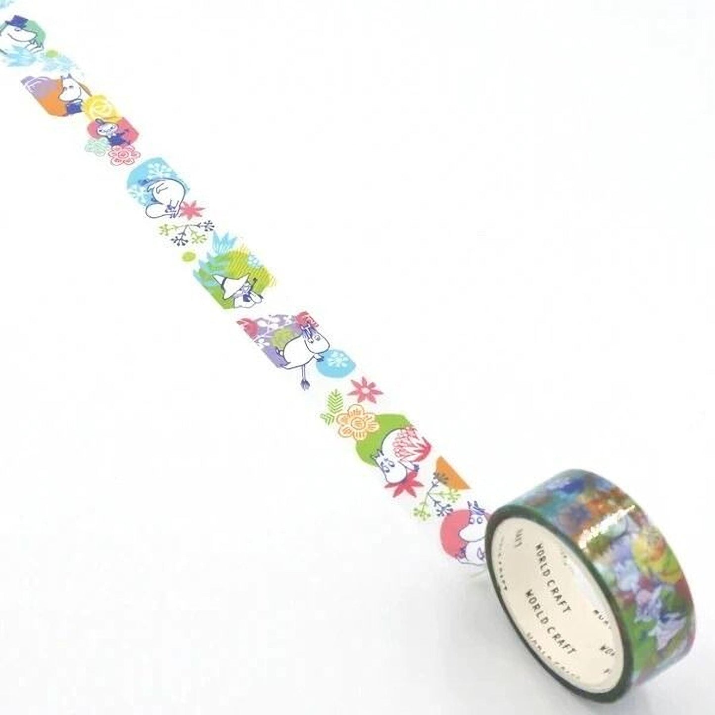 A roll of colorful patterned tape with various cartoon-like characters and designs on it, placed on a white surface.