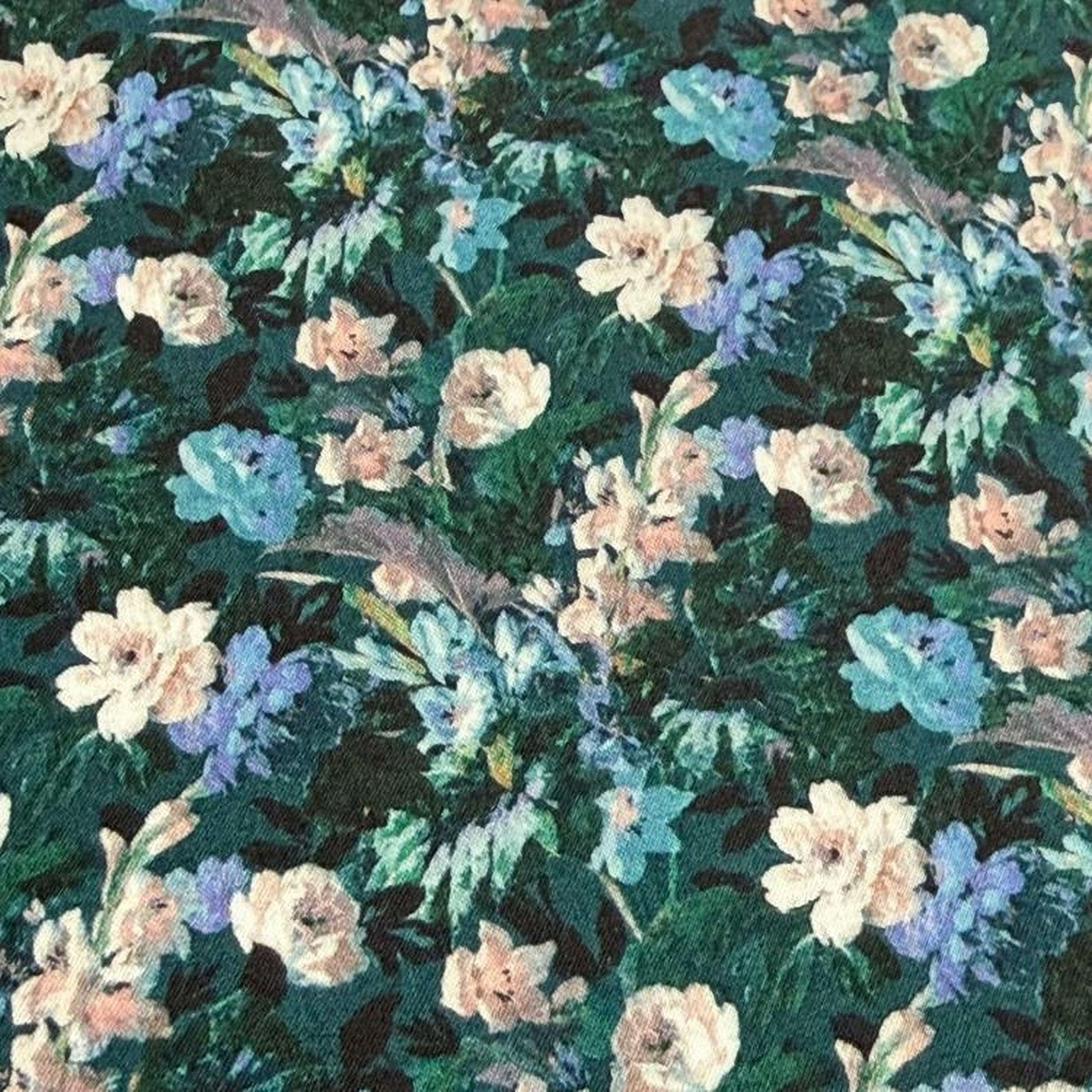The image is a close-up of a fabric with a floral pattern, featuring a variety of colorful flowers and leaves in shades of green, blue, and white.
