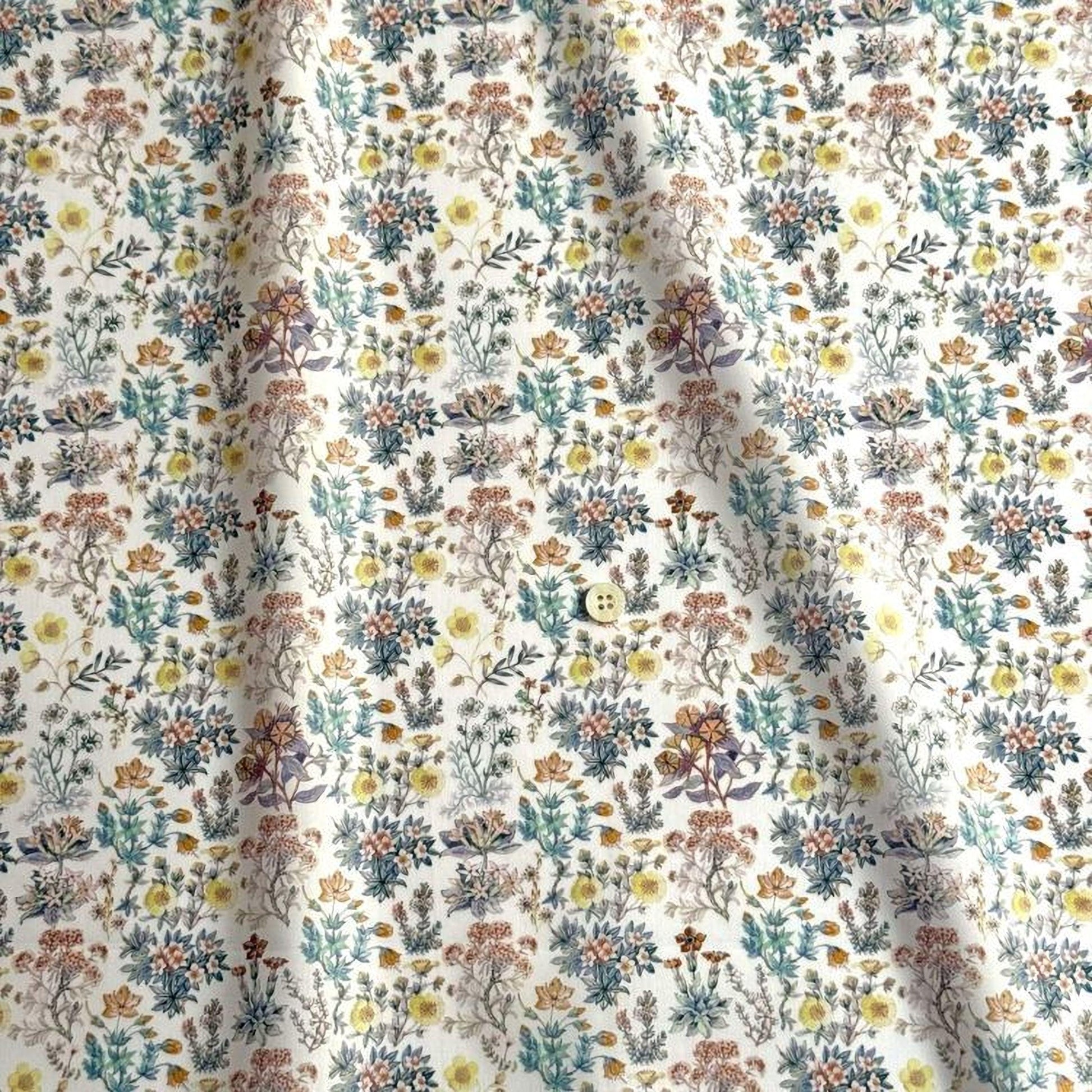 a repeating pattern of various flowers and plants in different colors, including yellow, green, and orange, creating a visually appealing and vibrant design.