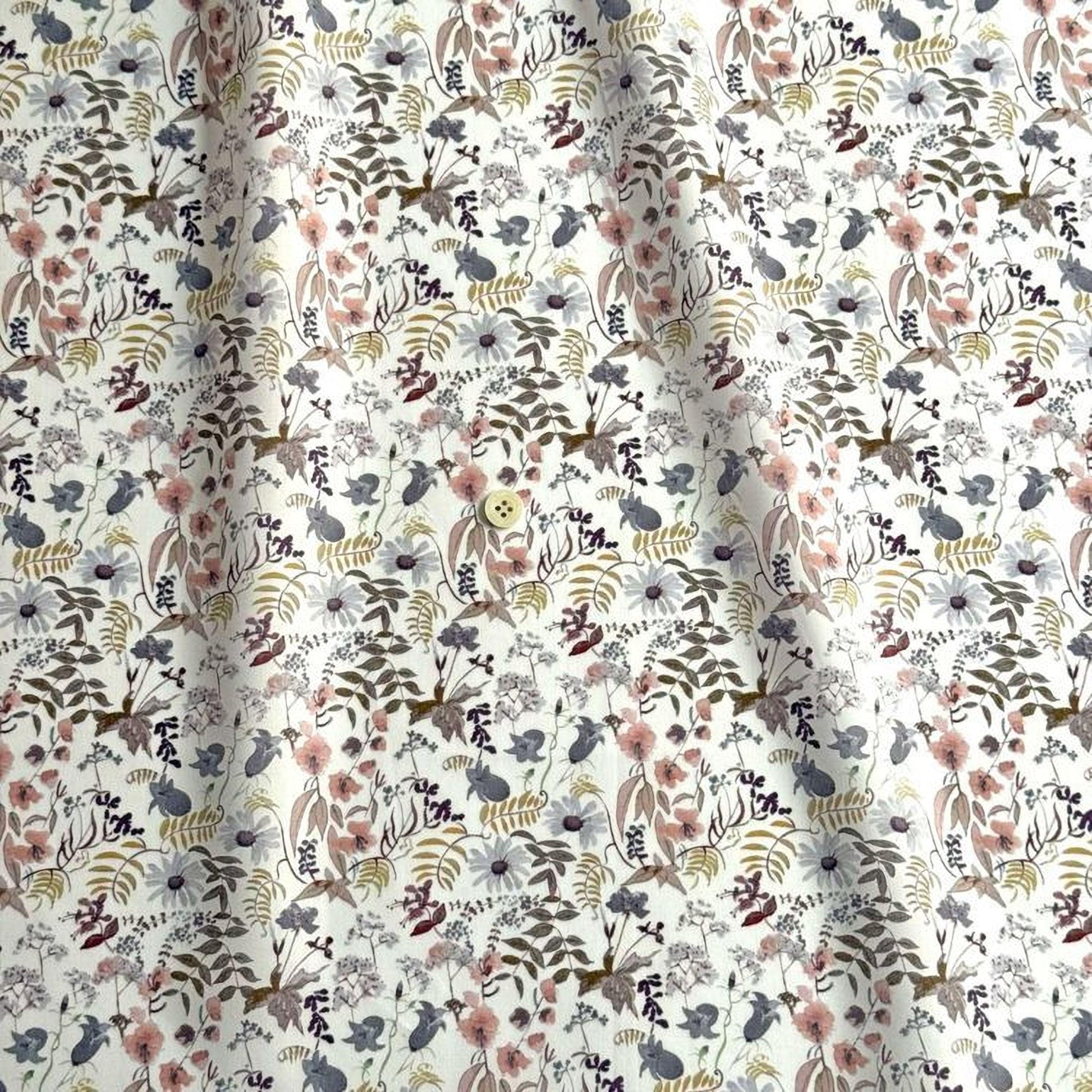a repeating floral pattern with various shades of pink, white, and brown flowers and leaves.