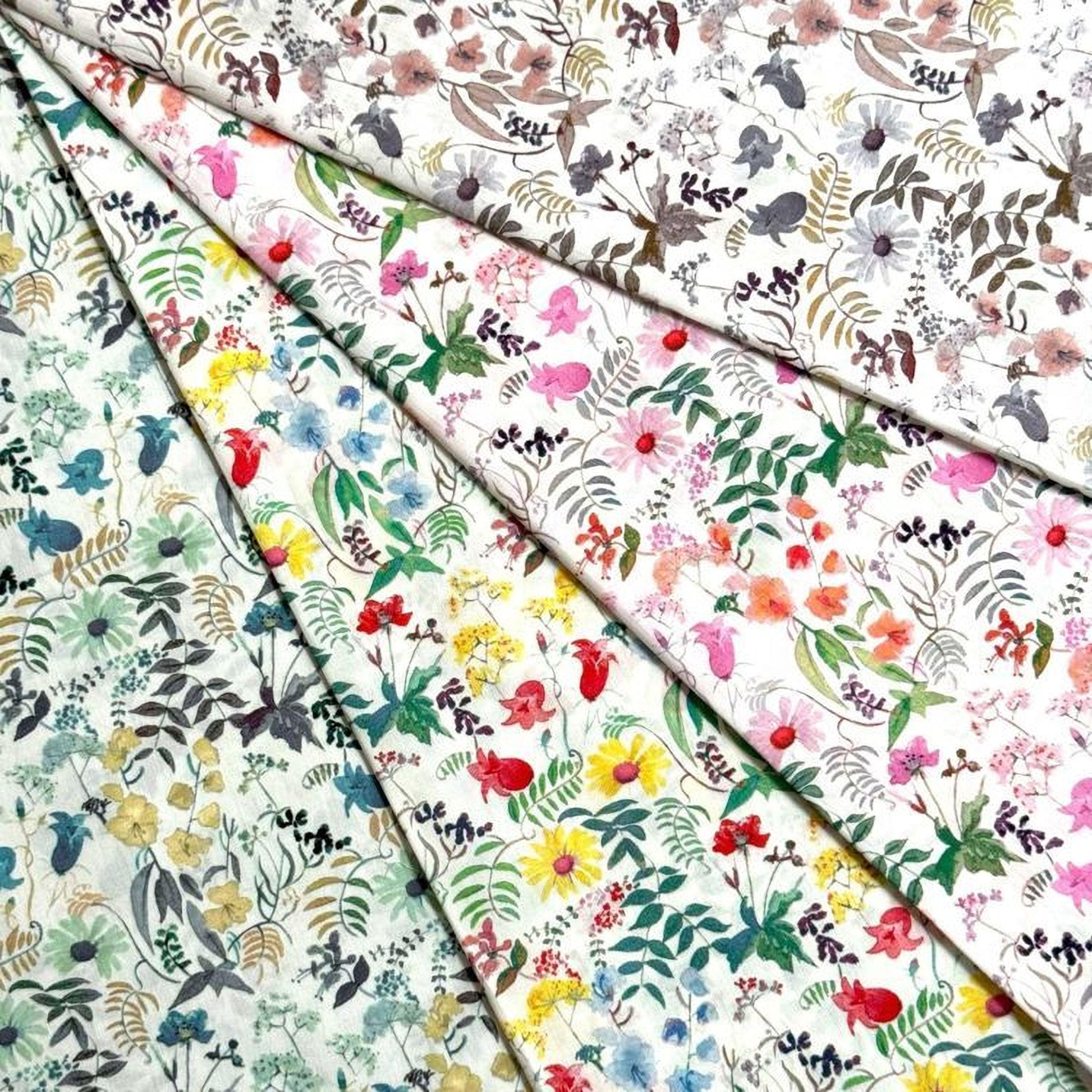 The image is a collage of various fabric swatches with different floral and leaf patterns, including a variety of colors and designs.