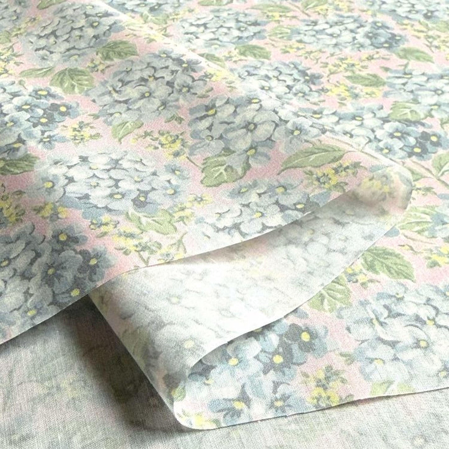 a close-up view of a fabric with a floral pattern, featuring various shades of blue, green, and yellow flowers.