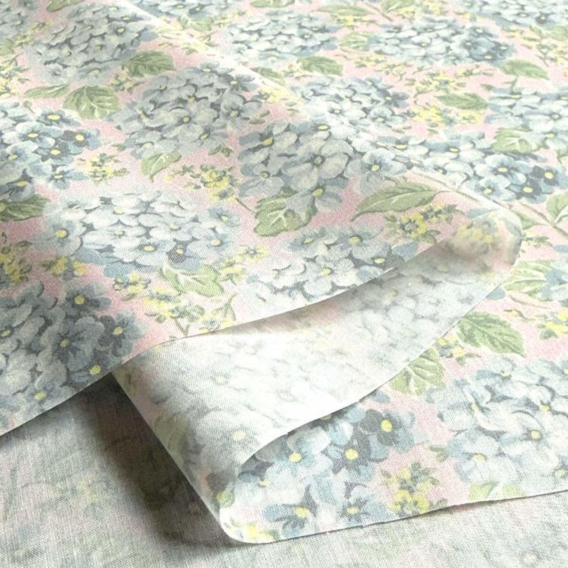 a close-up view of a fabric with a floral pattern, featuring various shades of blue, green, and yellow flowers.