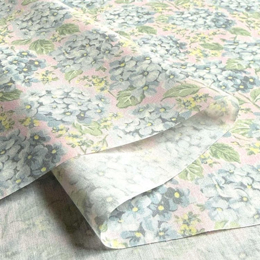 a close-up view of a fabric with a floral pattern, featuring various shades of blue, green, and yellow flowers.