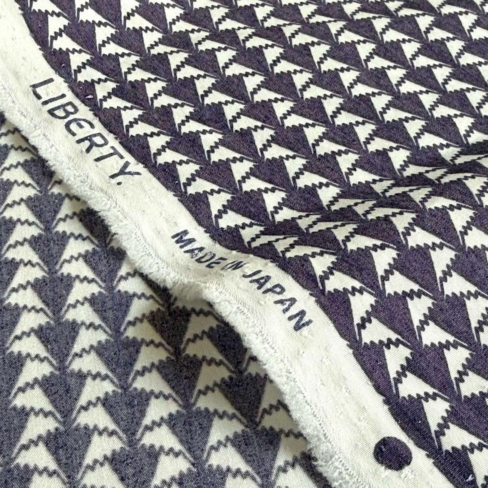 a close-up view of a fabric with a repeating pattern of triangles in shades of gray and white. The fabric appears to be made in Japan, as indicated by the text "MADE IN JAPAN" printed on it.