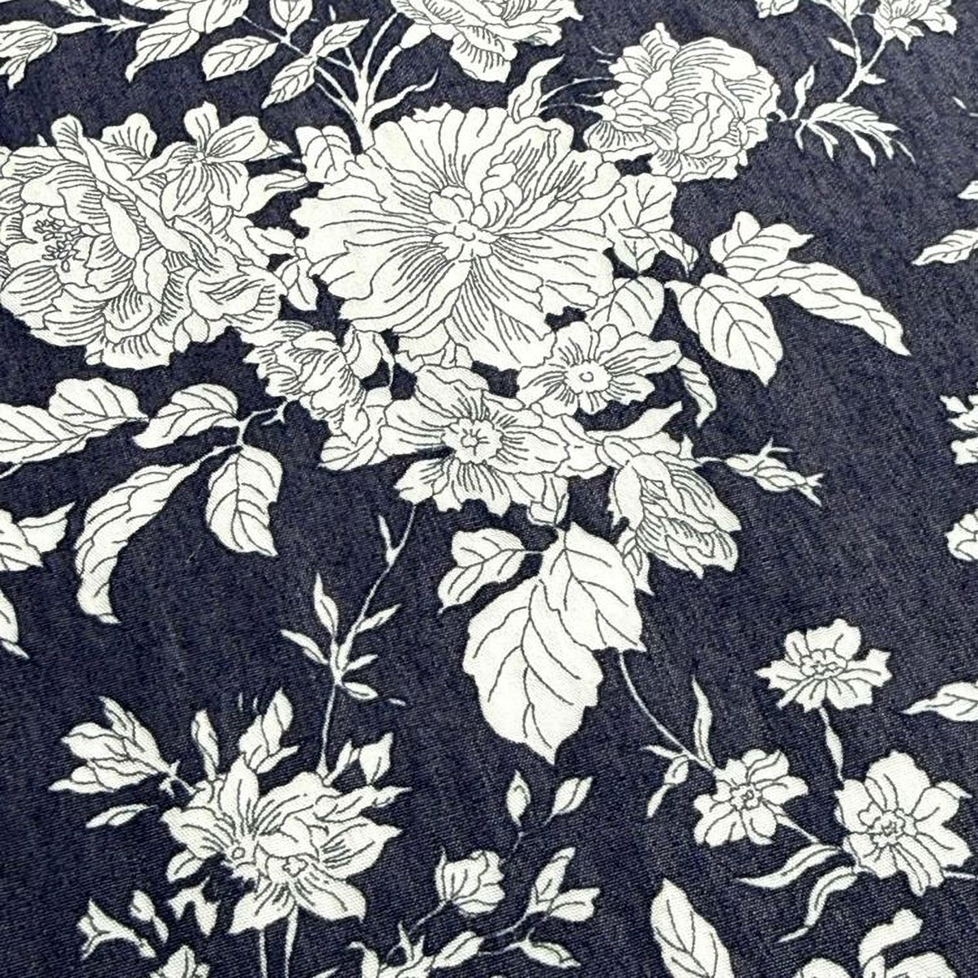 a close-up view of a black and white floral pattern on a dark background.