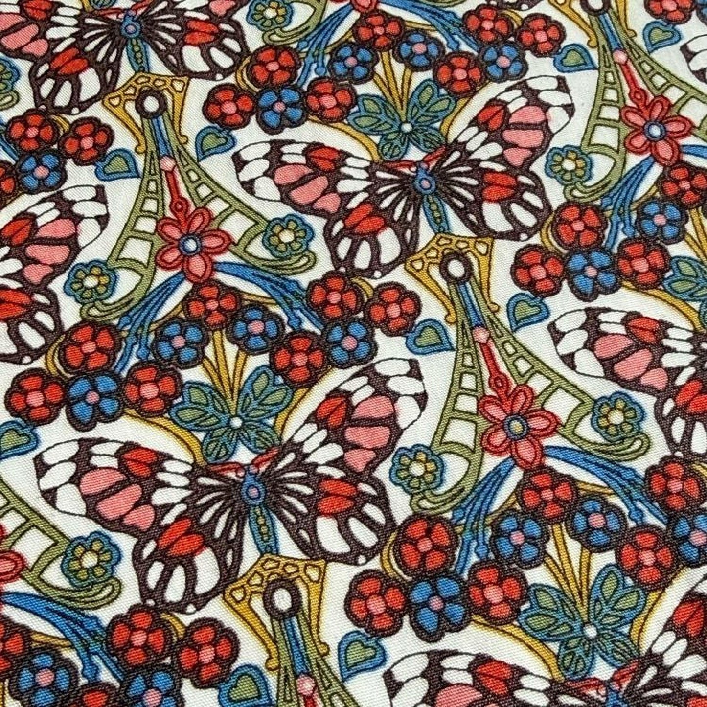 The image is a vibrant and colorful pattern featuring various butterflies, flowers, and other natural elements. The pattern is filled with a variety of colors, including red, blue, green, and yellow, creating a visually striking and intricate design.