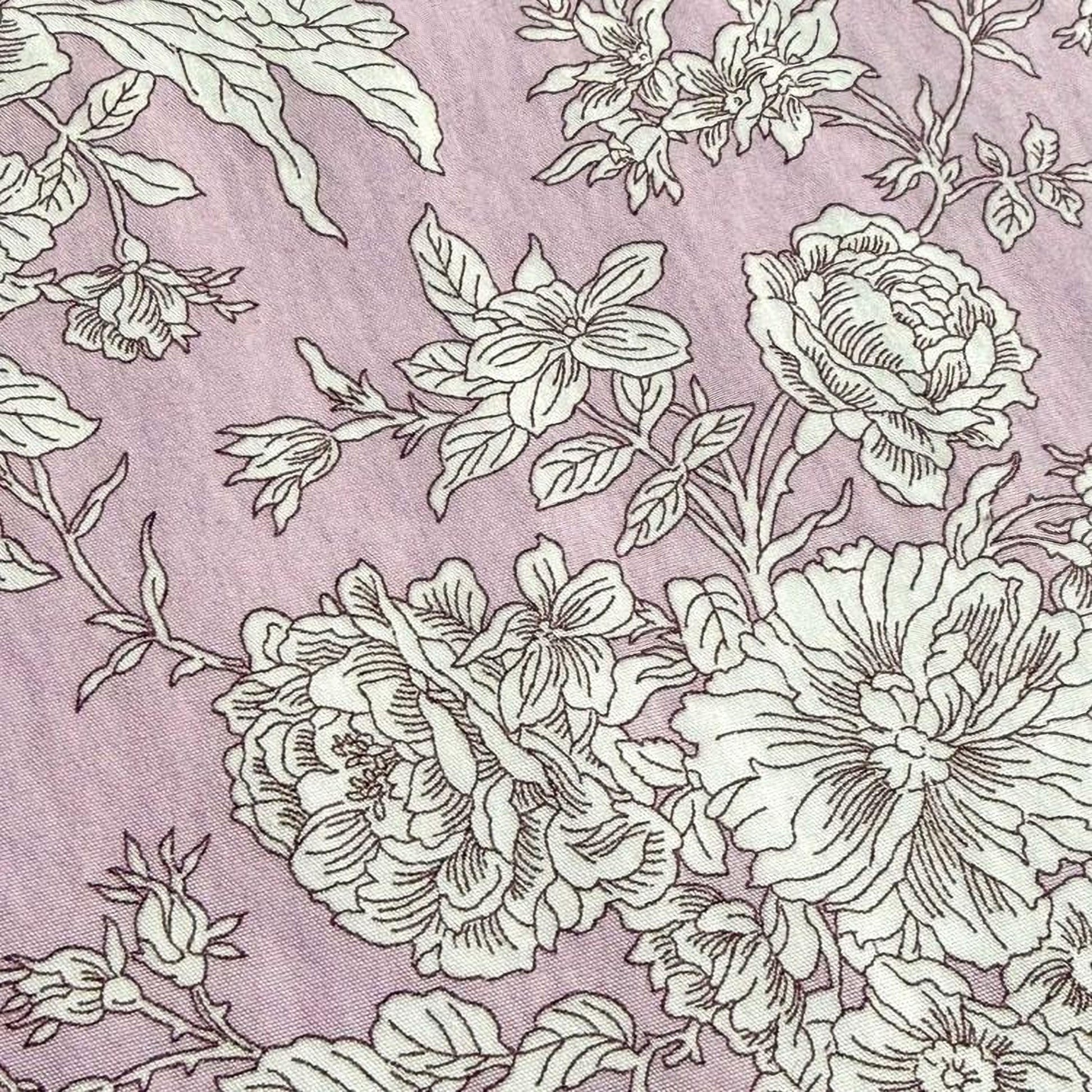 a close-up view of a fabric with a floral pattern in shades of pink and white. The pattern consists of various flowers and leaves, creating a visually appealing and intricate design.