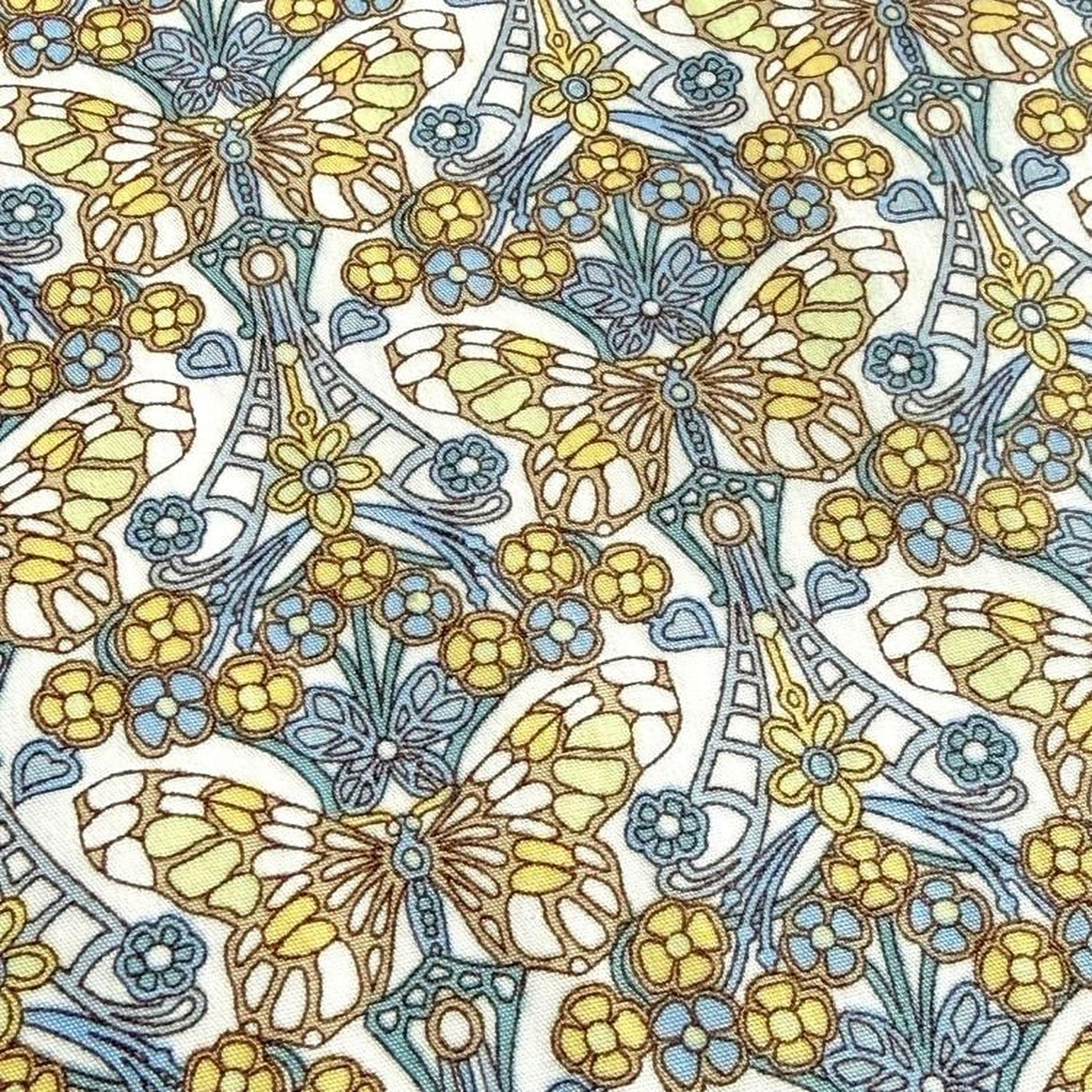 a vibrant and intricate pattern of butterflies and flowers in various shades of yellow, blue, and white. The butterflies are depicted in different stages of flight, with some in the process of landing and others soaring through the air. The flowers are arranged in a way that creates a sense of movement and dynamism, with some overlapping and others standing alone. The overall composition is visually striking and captures the beauty of nature.