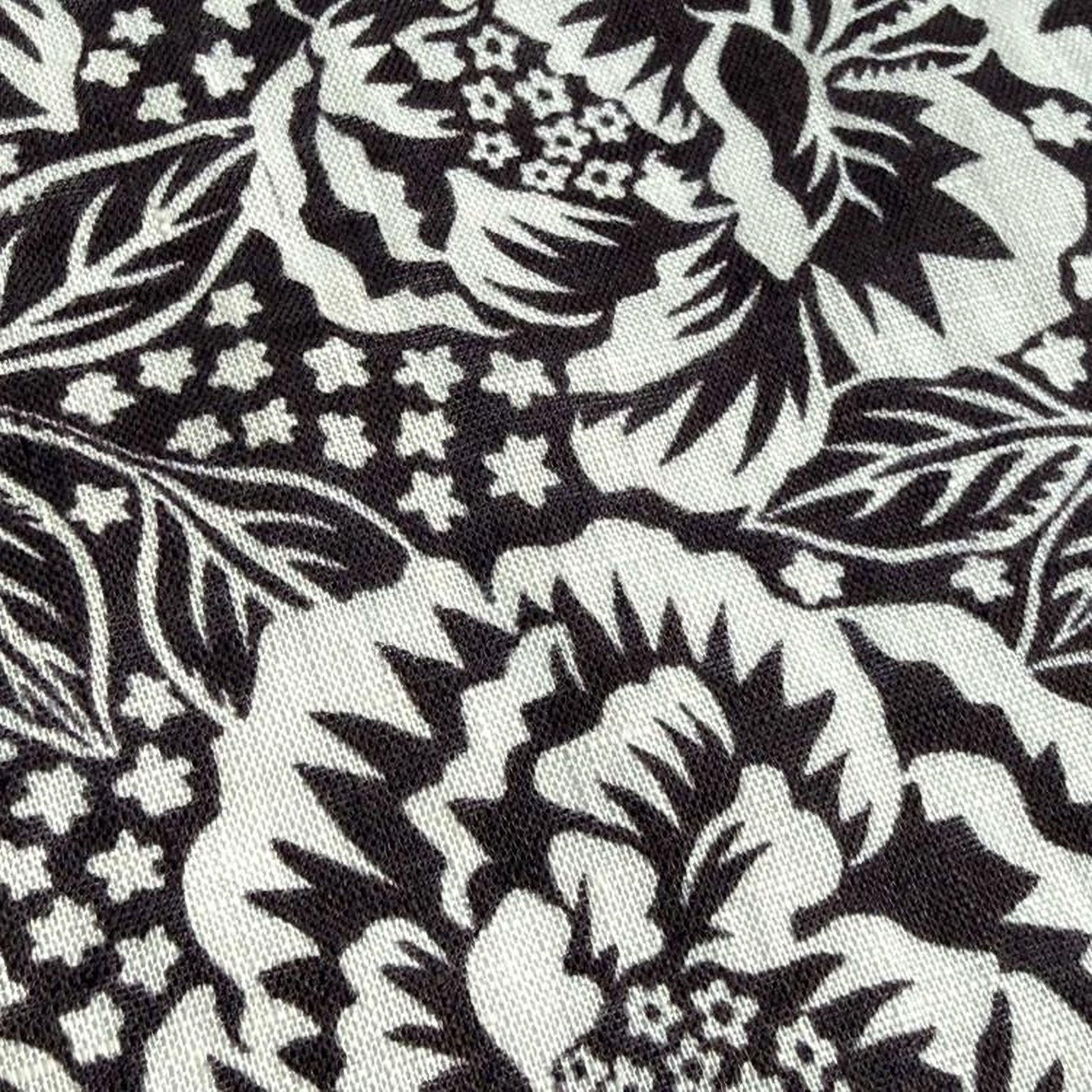 a close-up view of a black and white floral pattern on a fabric or material.