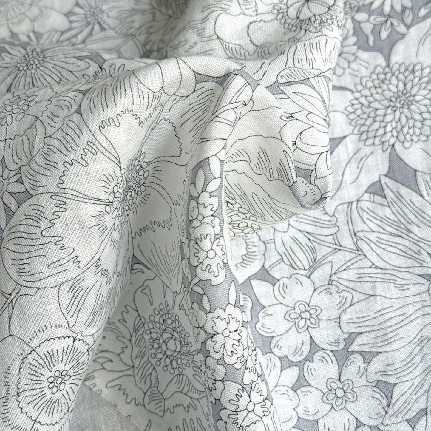 a close-up view of a fabric with a repeating floral pattern in shades of gray and white. The pattern consists of various flowers and leaves, creating a visually striking and intricate design.