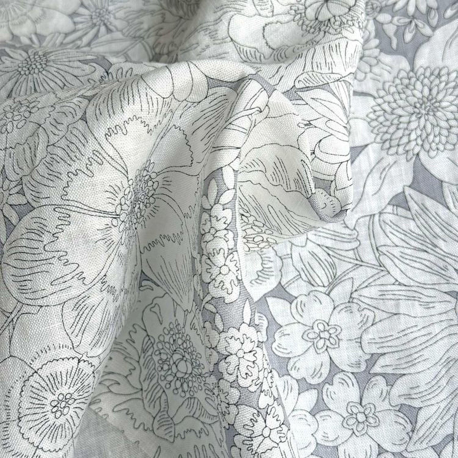 a close-up view of a fabric with a repeating floral pattern in shades of gray and white. The pattern consists of various flowers and leaves, creating a visually striking and intricate design.
