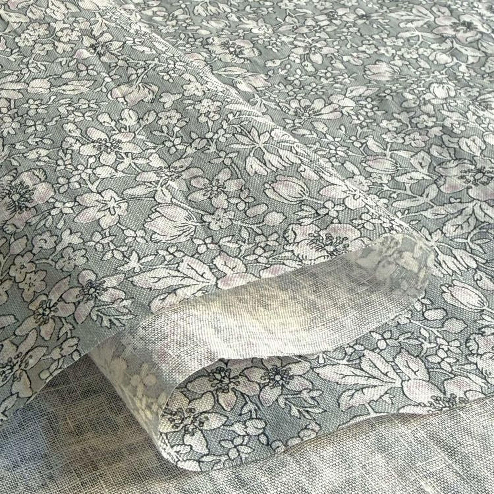 a close-up view of a fabric with a floral pattern, featuring white flowers and leaves against a gray background.