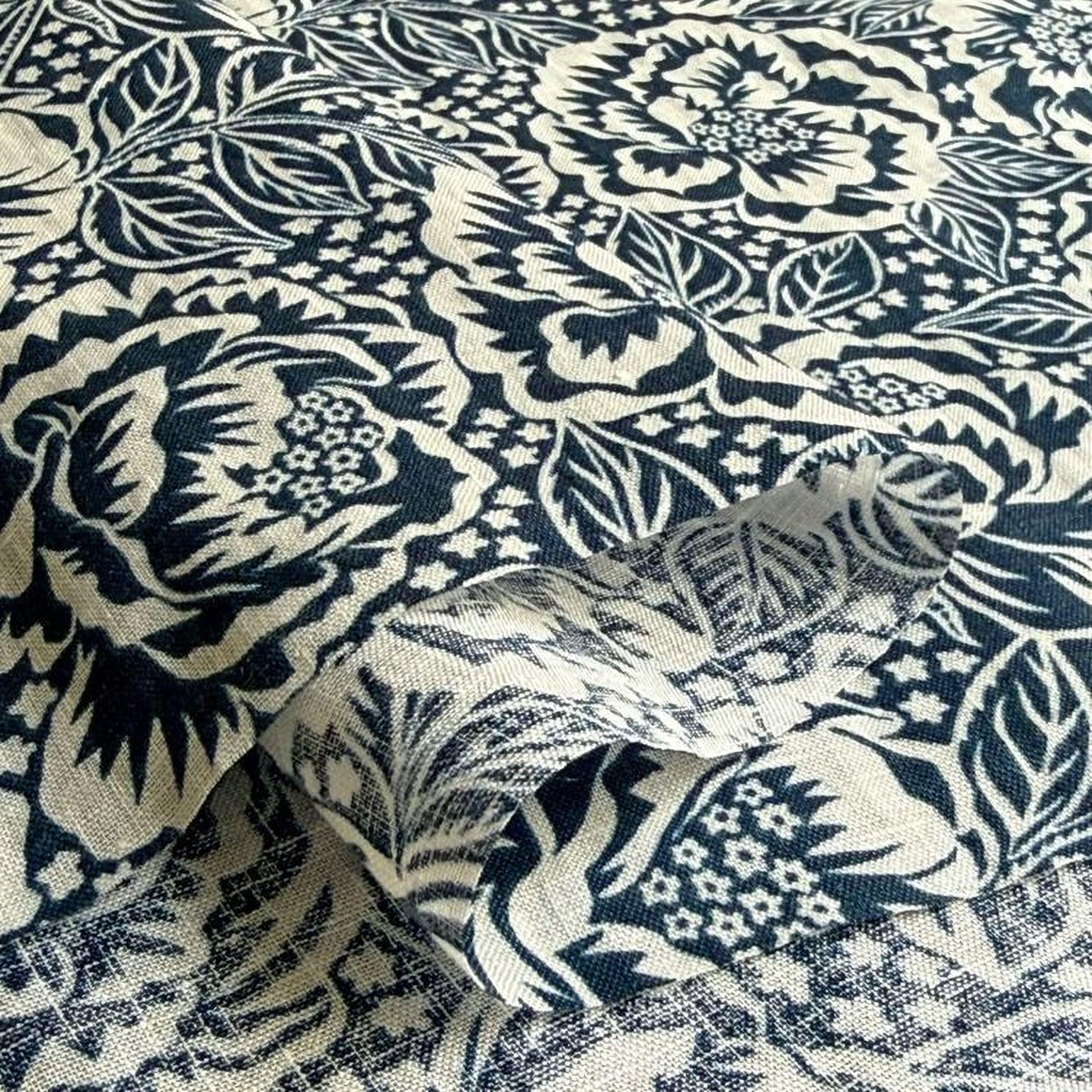 a close-up view of a fabric with a floral pattern in shades of blue and white. The pattern consists of various flowers and leaves, creating a visually striking and intricate design. The fabric appears to be a piece of cloth or textile, with the intricate floral pattern suggesting it could be used for clothing or home decor.