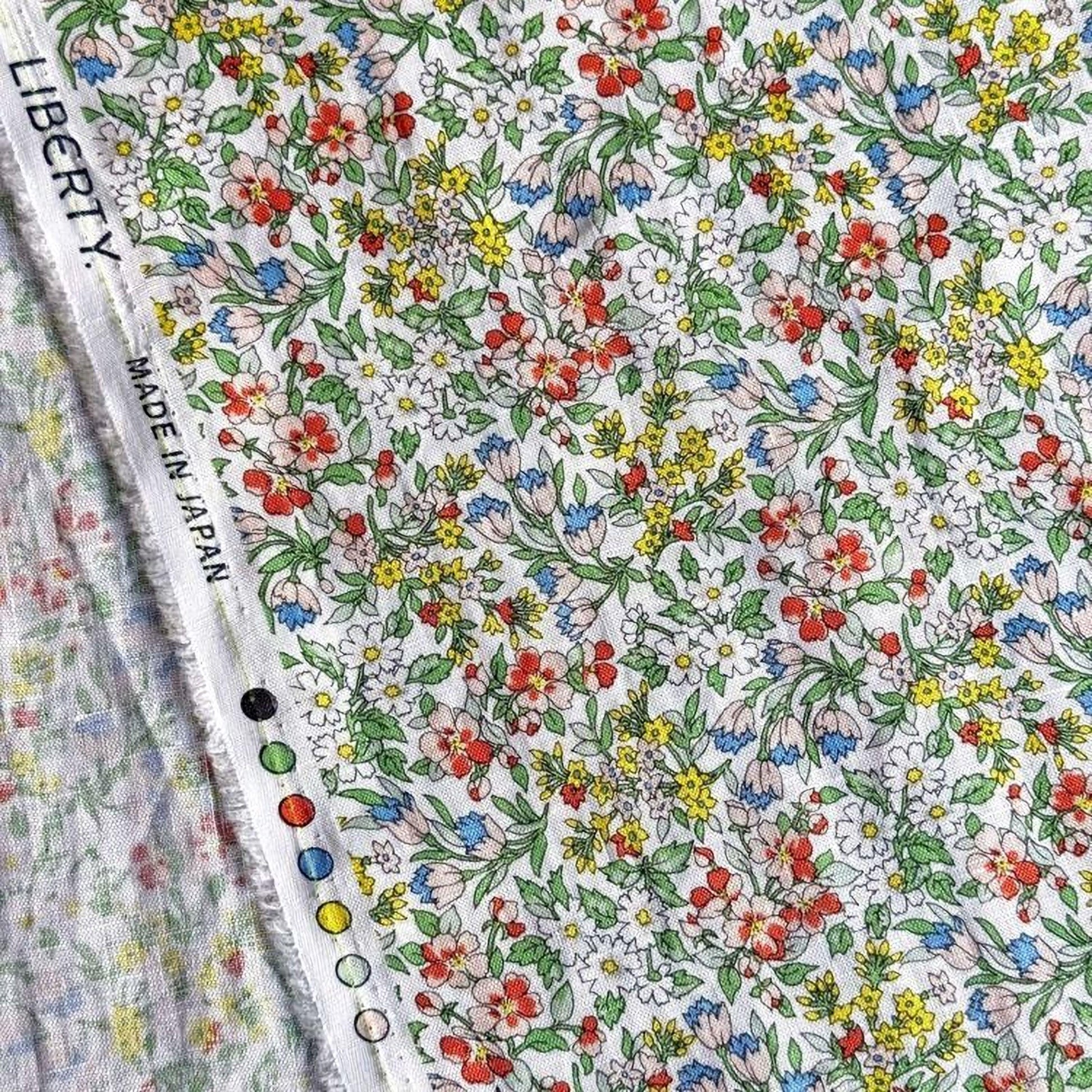 a close-up view of a fabric with a vibrant floral pattern, including various colors and shapes of flowers and leaves.