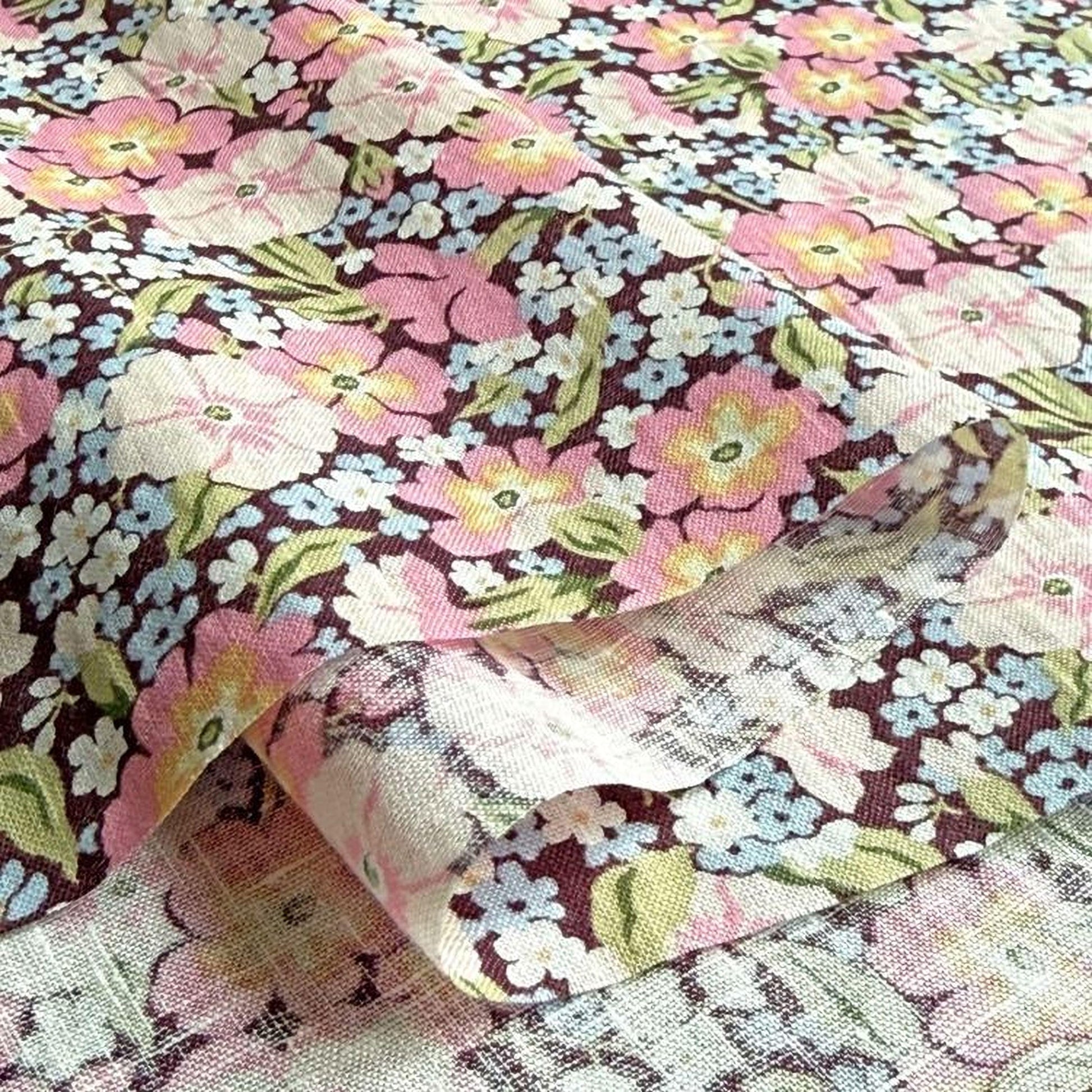 a close-up view of a fabric with a floral pattern in shades of pink, white, and blue. The fabric appears to be a piece of cloth or textile, with the pattern repeating across the entire surface.