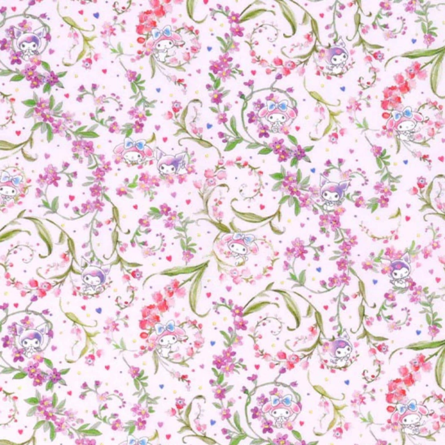 a repeating floral pattern with small cartoon-like characters or animals, such as birds or rabbits, scattered throughout the design. The pattern is predominantly pink and green, with the characters and flowers adding a whimsical and playful touch to the overall design.