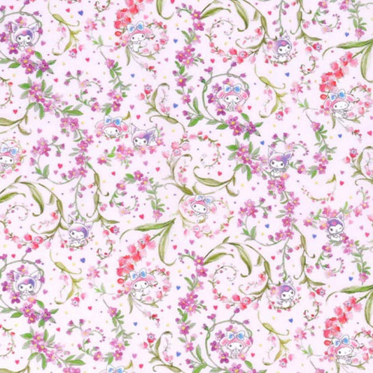 a repeating floral pattern with small cartoon-like characters or animals, such as birds or rabbits, scattered throughout the design. The pattern is predominantly pink and green, with the characters and flowers adding a whimsical and playful touch to the overall design.