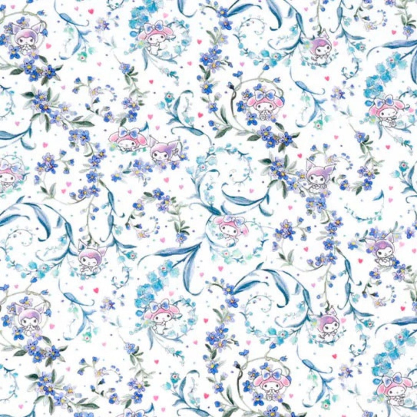 The image is a repeating pattern of small blue flowers and pink flowers, along with small cartoon-like characters, creating a whimsical and playful design.