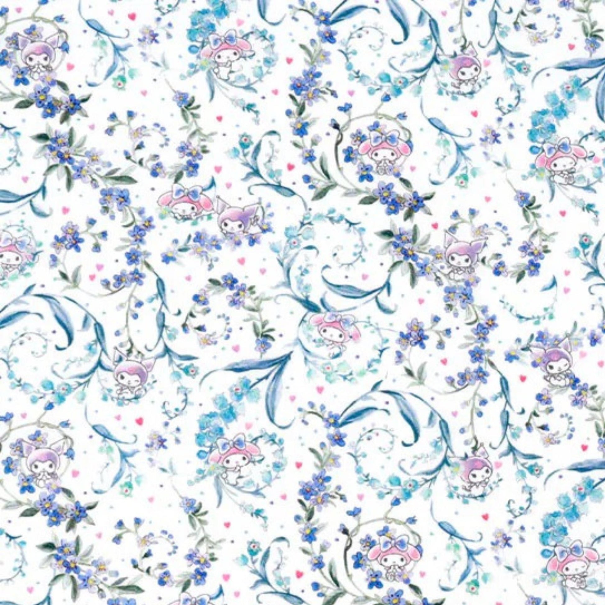 The image is a repeating pattern of small blue flowers and pink flowers, along with small cartoon-like characters, creating a whimsical and playful design.