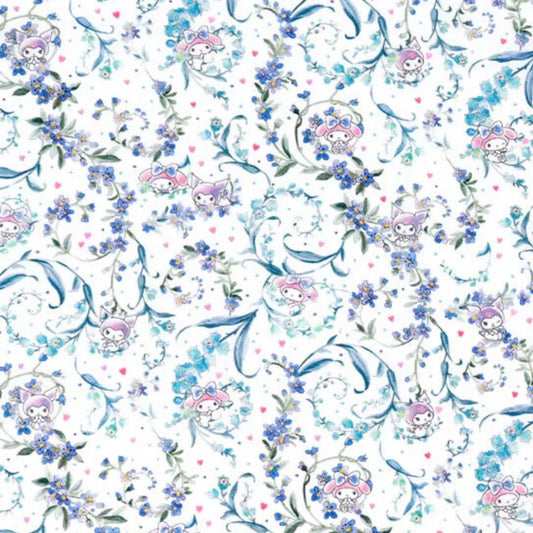 The image is a repeating pattern of small blue flowers and pink flowers, along with small cartoon-like characters, creating a whimsical and playful design.