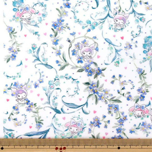 a repeating floral pattern with purple flowers and pink and white characters, including a character with a bow. The pattern is spread across a white background, and there are small pink and white flowers scattered throughout the design.