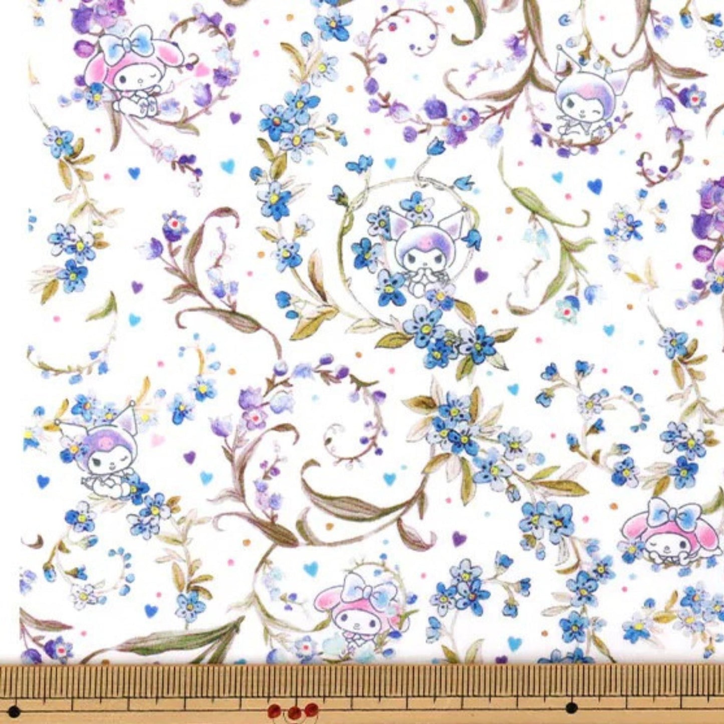 The image is a collage of various images featuring a floral pattern with purple and blue flowers, along with cute cartoon-like characters.
