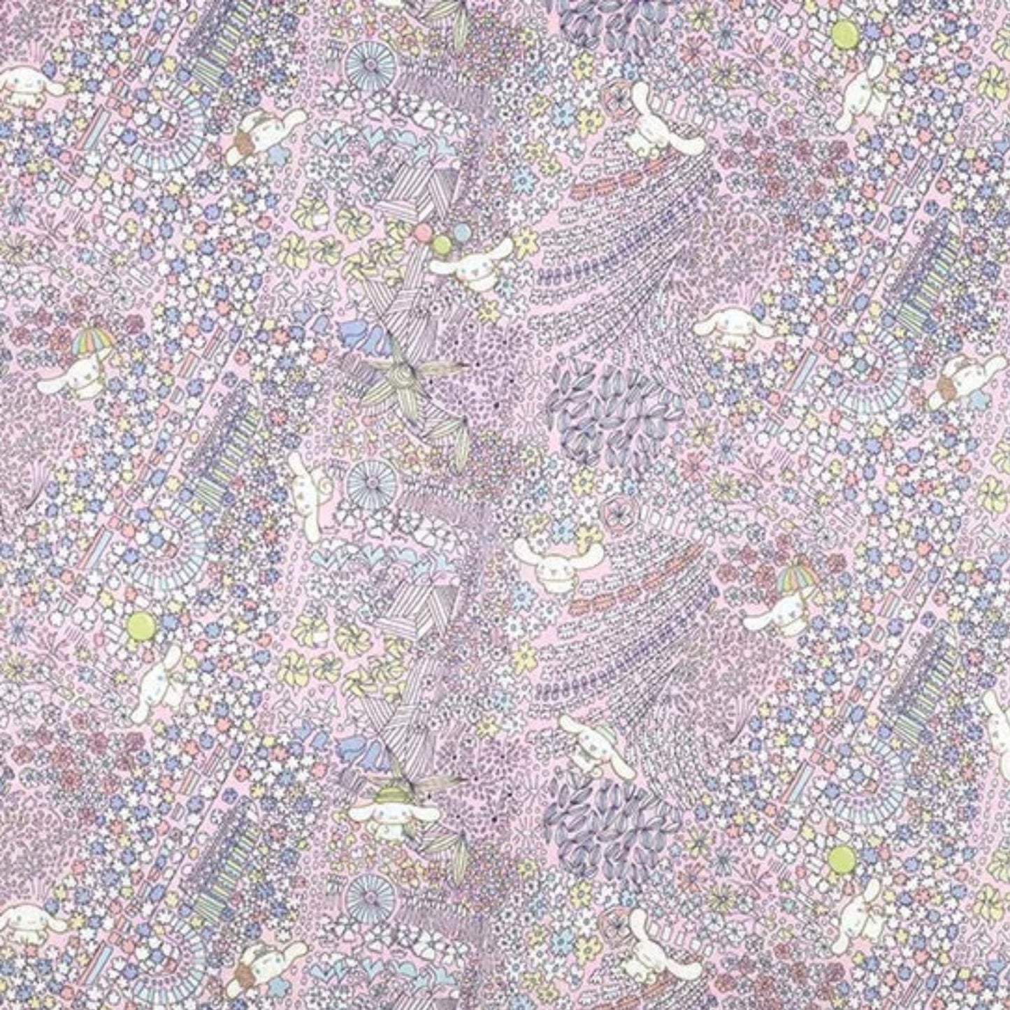 The image is a vibrant and colorful fabric with a repeating pattern of various shapes, animals, and objects in shades of pink, purple, and yellow. The pattern is intricate and detailed, creating a visually striking and lively design.
