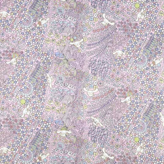 The image is a vibrant and colorful fabric with a repeating pattern of various shapes, animals, and objects in shades of pink, purple, and yellow. The pattern is intricate and detailed, creating a visually striking and lively design.