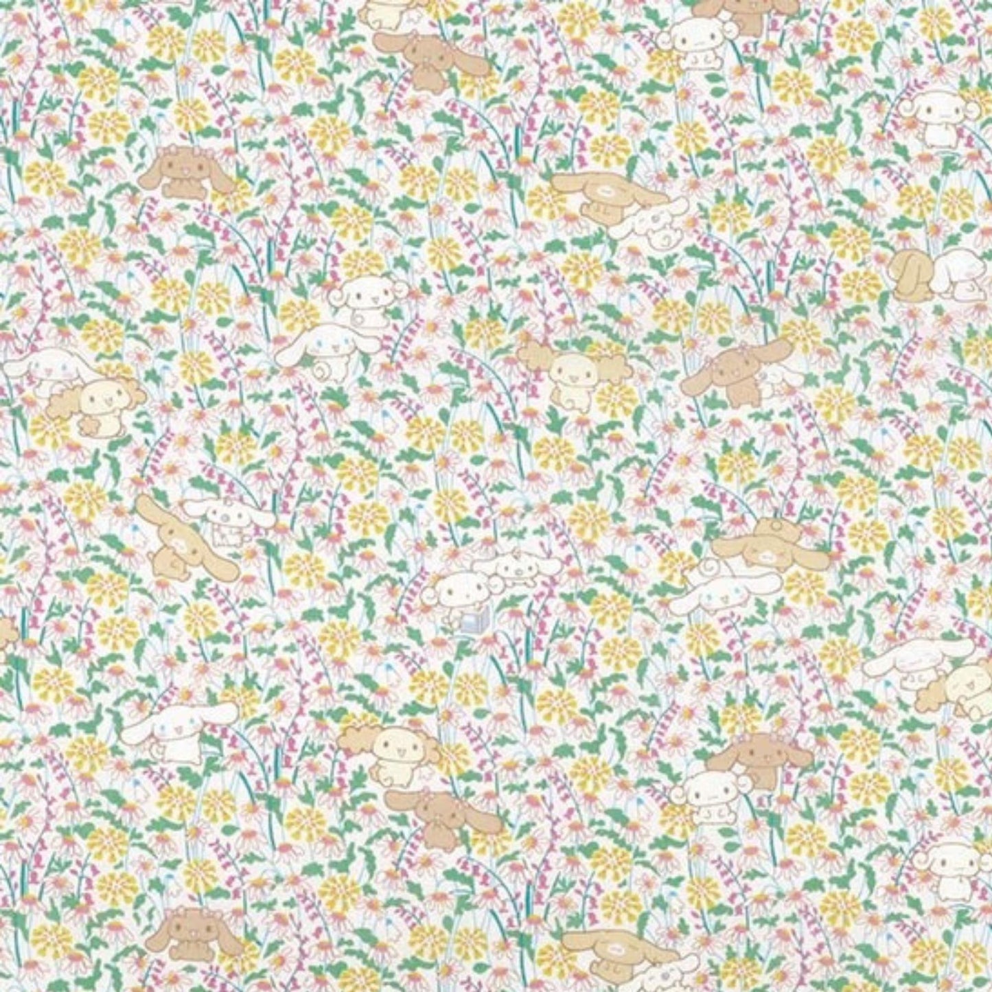 a repeating pattern of cartoon-style animals, such as dogs and cats, against a background of colorful flowers and leaves.