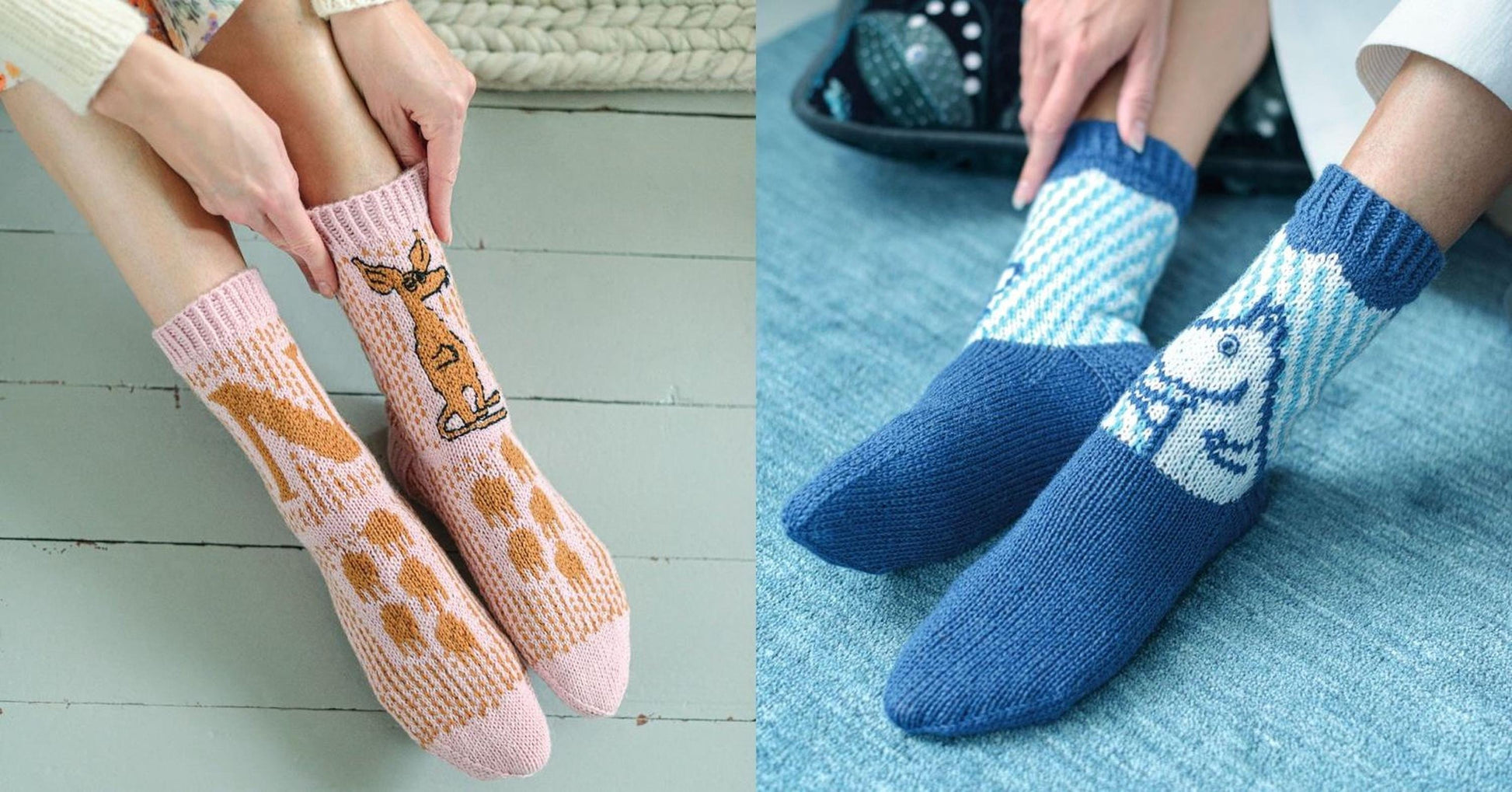 The image is a collage of two photos showing different pairs of socks. In the left photo, a pair of pink socks with a cartoon character on them is being held by a person's hands. In the right photo, a pair of blue socks with a cartoon character on them is being worn by another person.