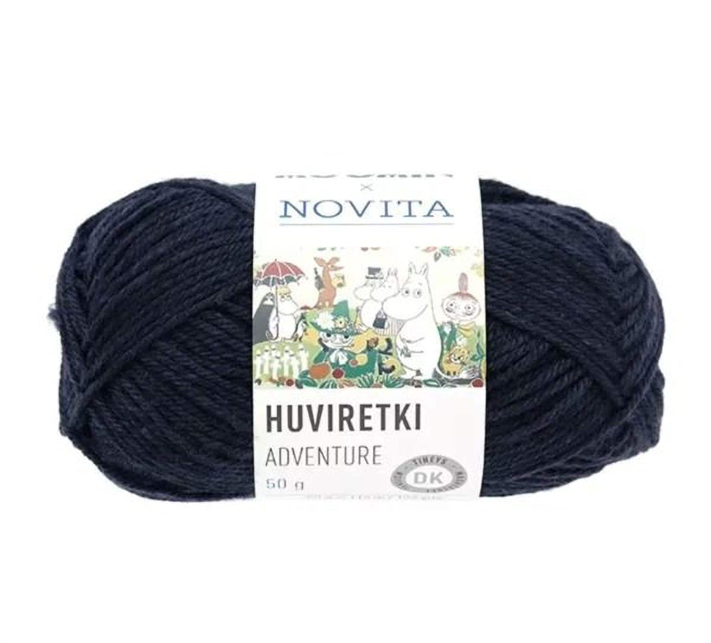 A ball of dark blue yarn with a label that reads "HUVIRETKI ADVENTURE" and "NOVITA".