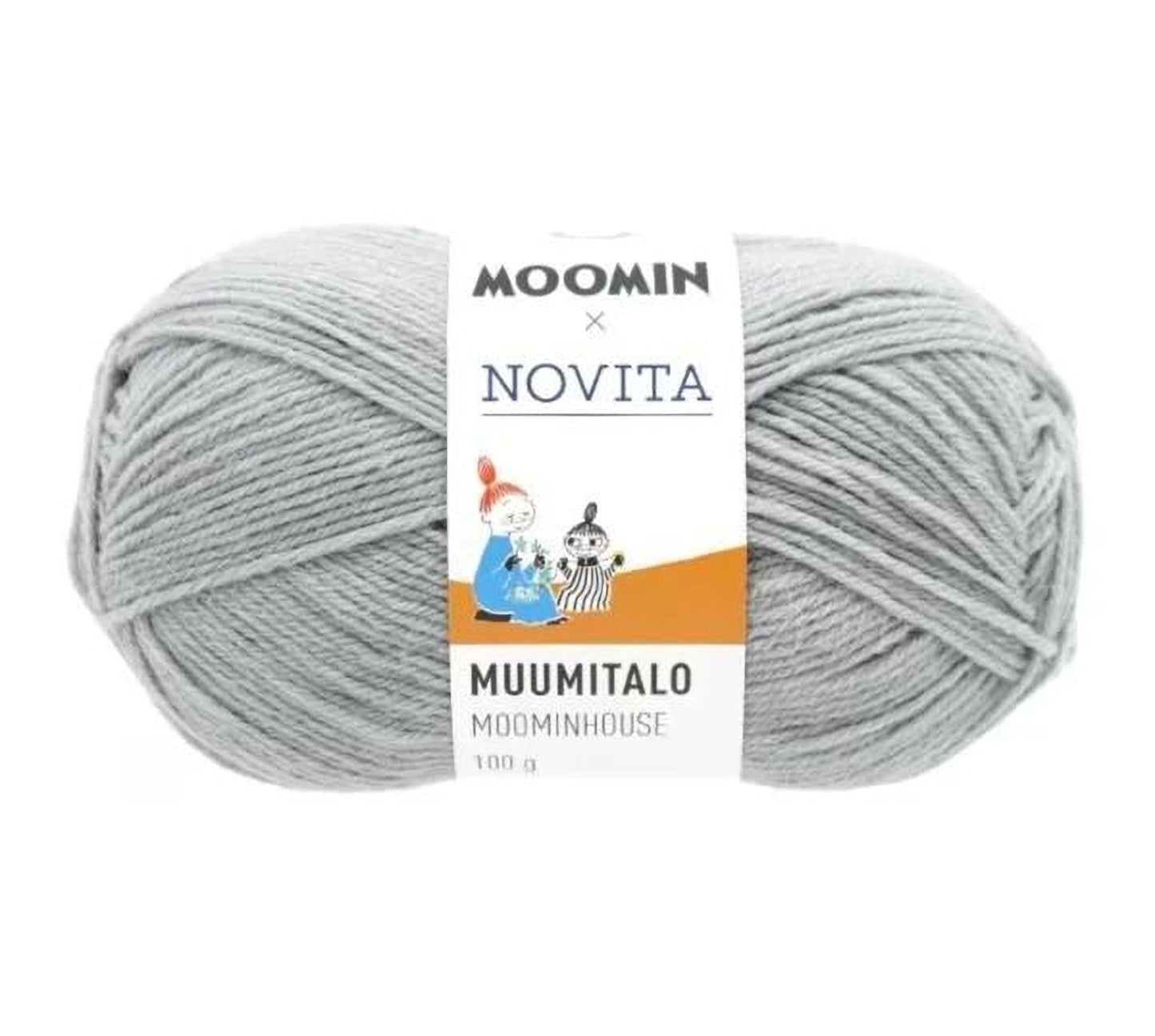 a ball of gray yarn with a label that reads "MOMIN x NOVITA MUUMITALO MOOMMINHOUSE 100 g".