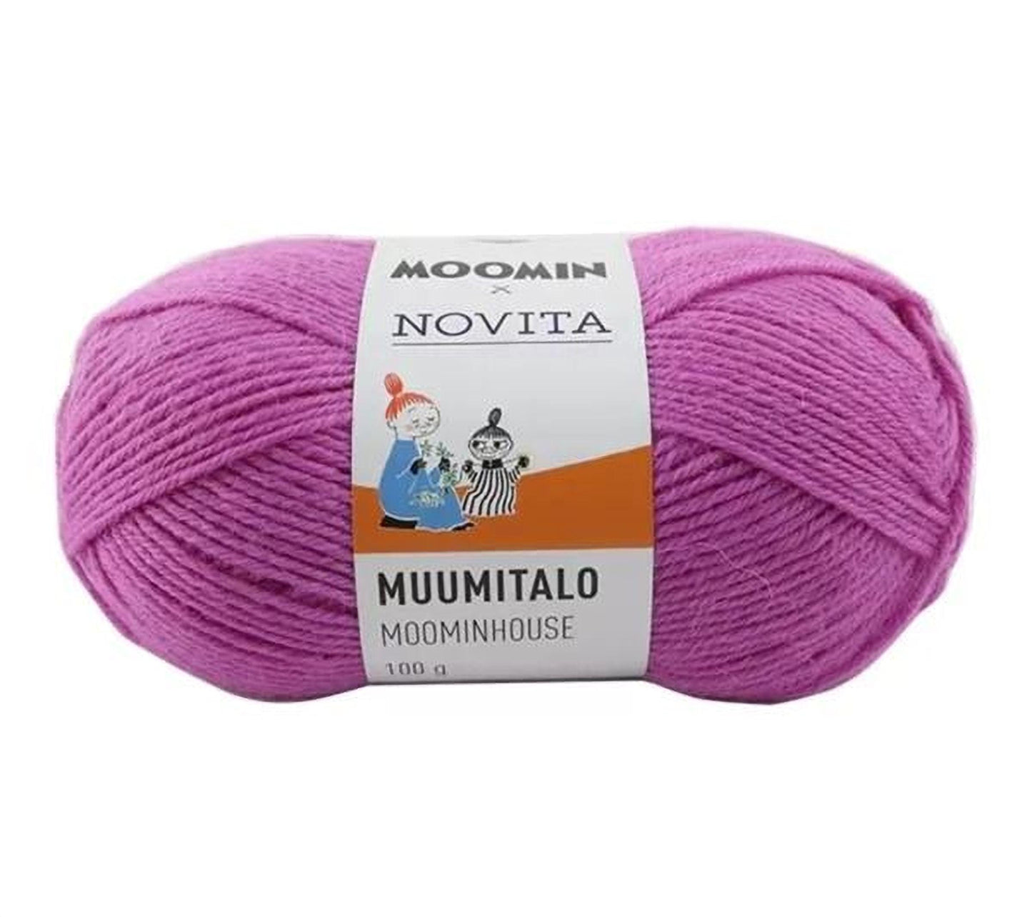 a ball of pink yarn with a label that reads "MOOMIN" and "NOVITA" printed on it.