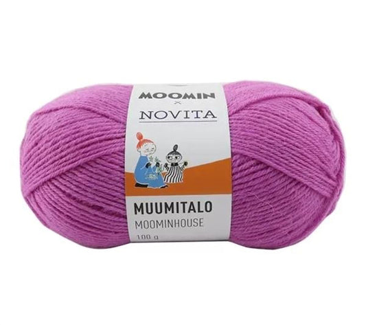 a ball of pink yarn with a label that reads "MOOMIN" and "NOVITA" printed on it.
