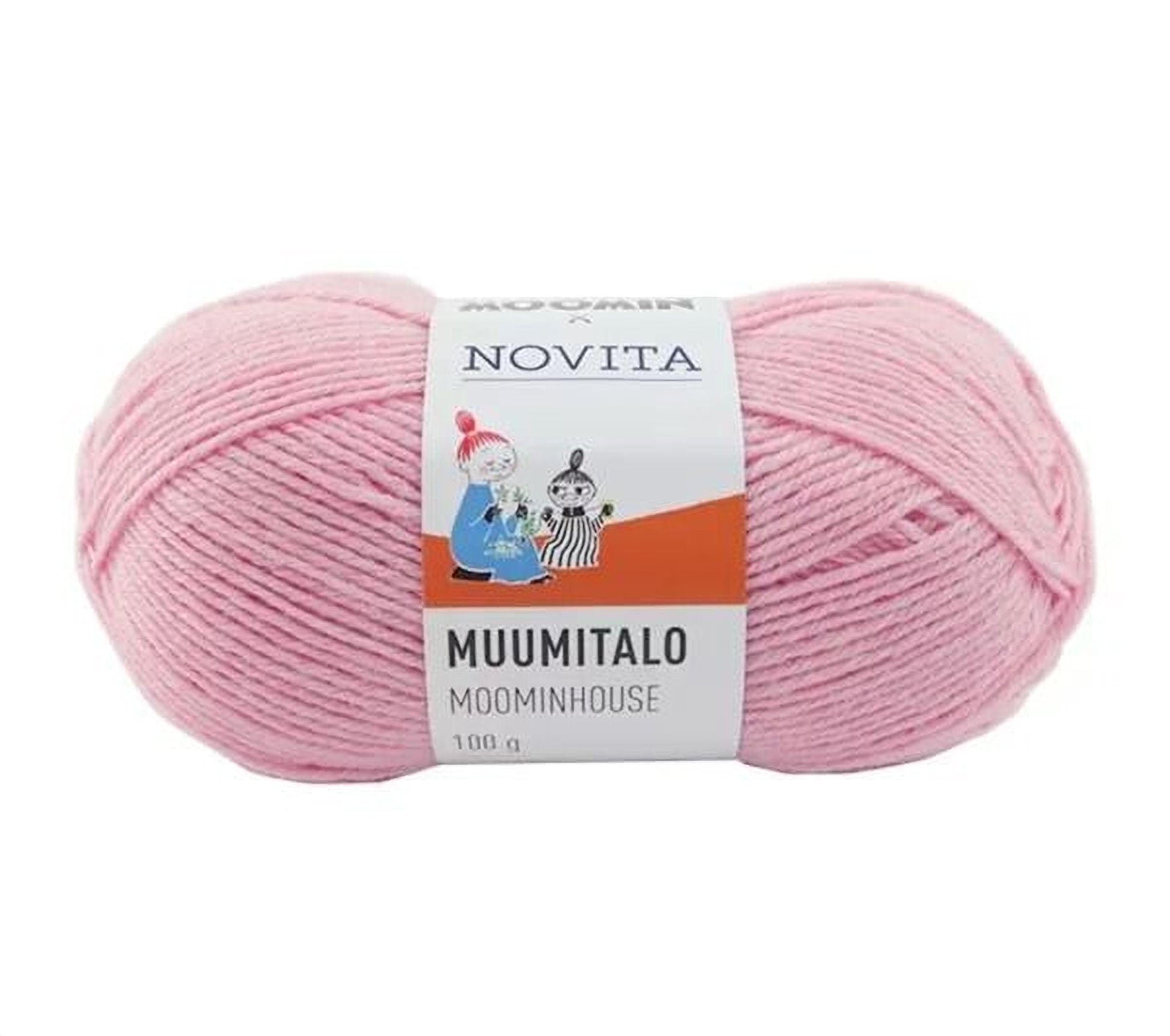 a ball of pink yarn labeled "Muumitalo" and "Moominhouse" with a label that includes a cartoon character. The yarn is packaged in a white and orange label, and there is text in both English and Japanese.