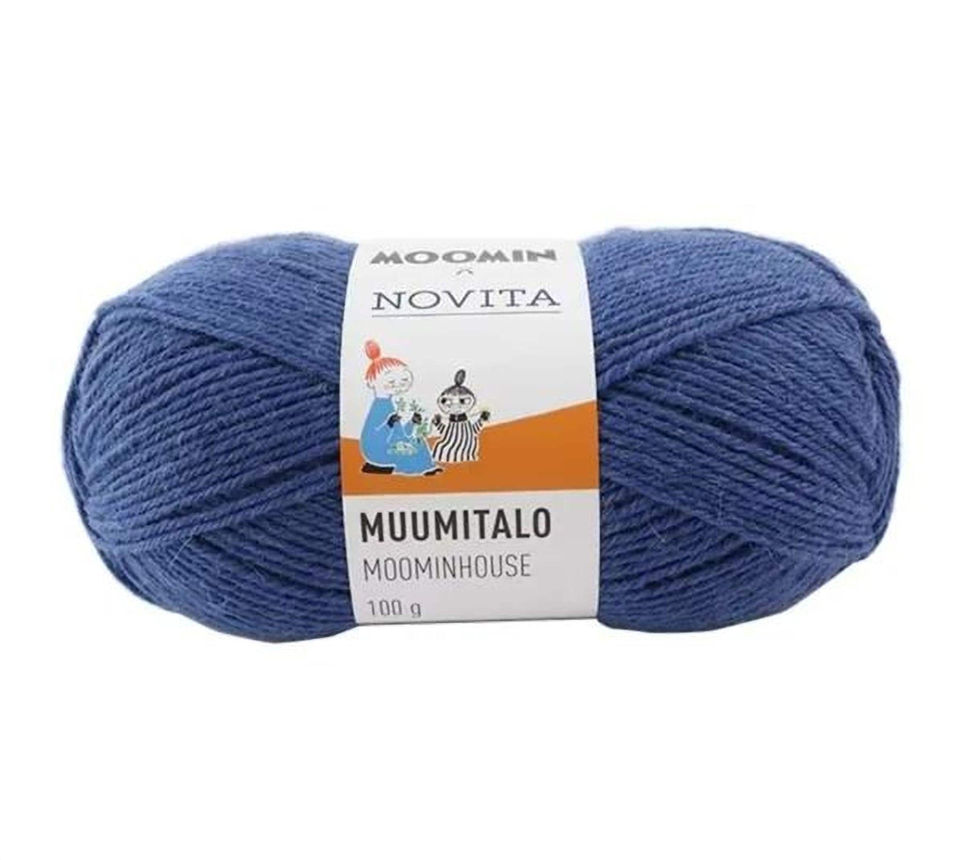a ball of blue yarn with a label that reads "Muumitalo Moominhouse 100 g" and "Moominhouse".