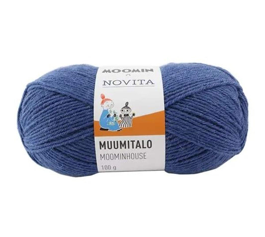 a ball of blue yarn with a label that reads "Muumitalo Moominhouse 100 g" and "Moominhouse".