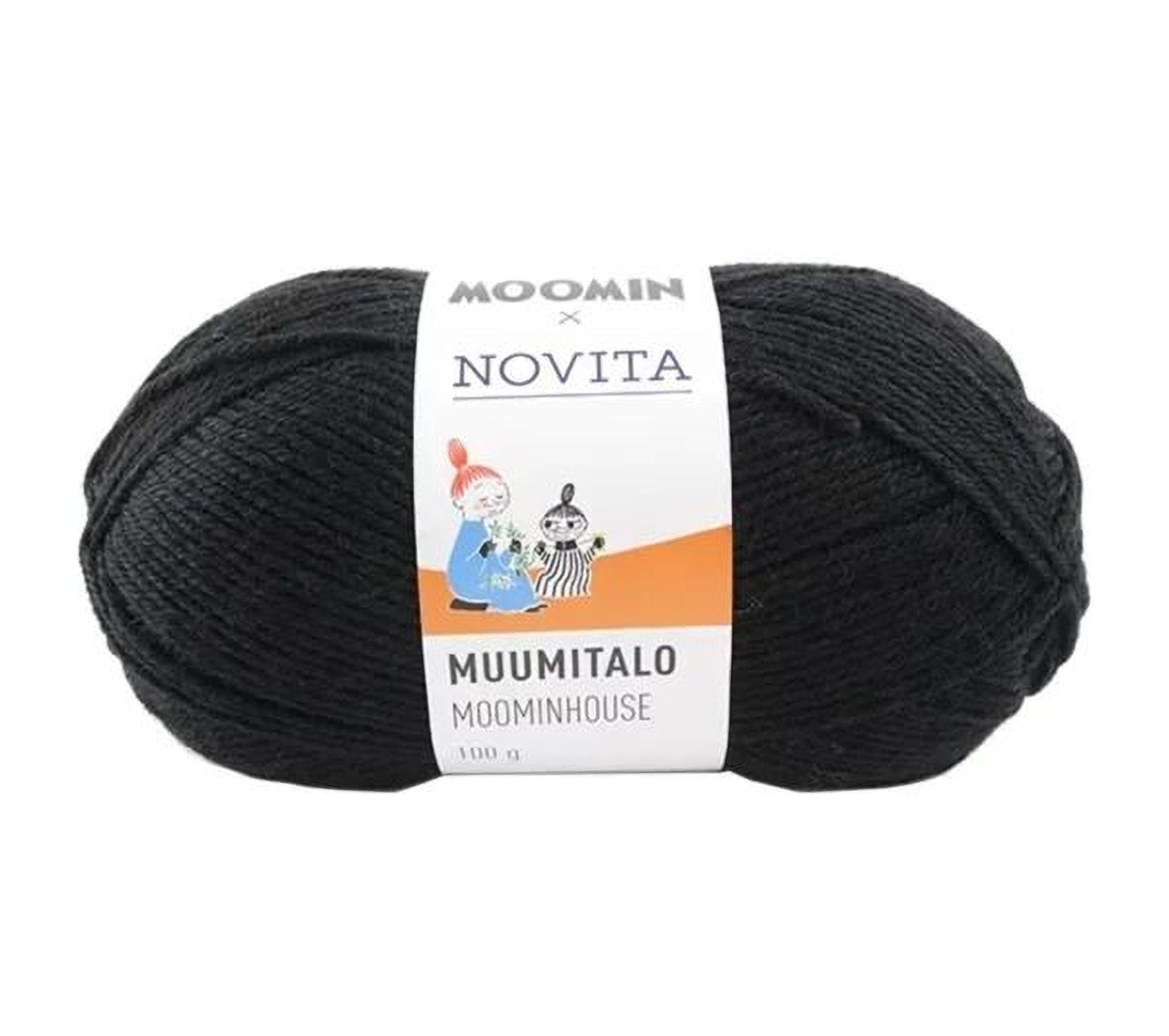 a ball of black yarn with a label that reads "Moomin x Novita Muomitalo Muominhouse 100 g".