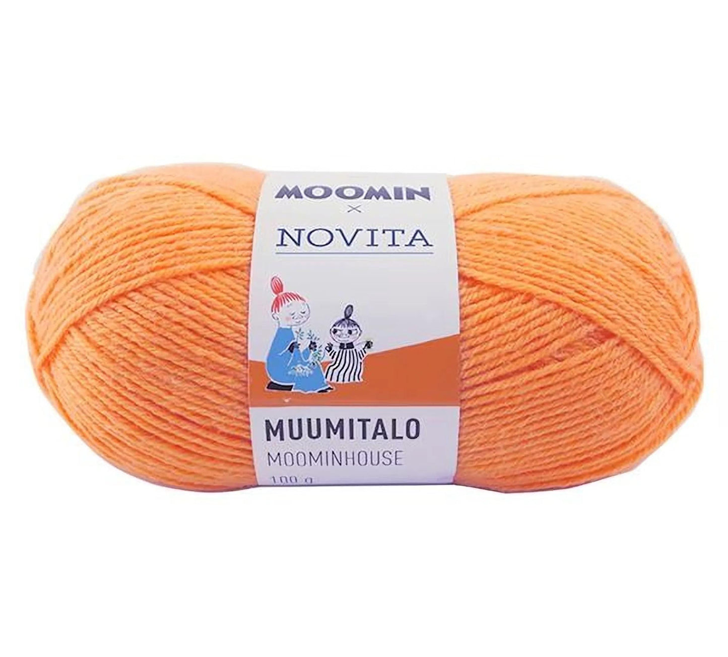a ball of orange yarn with a label that reads "Moomin Novita Muomitalo Muominhouse" and "141".