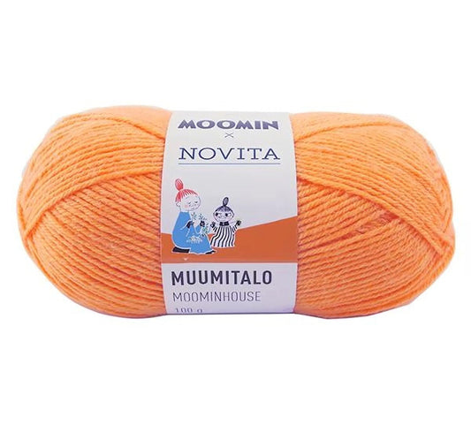 a ball of orange yarn with a label that reads "Moomin Novita Muomitalo Muominhouse" and "141".