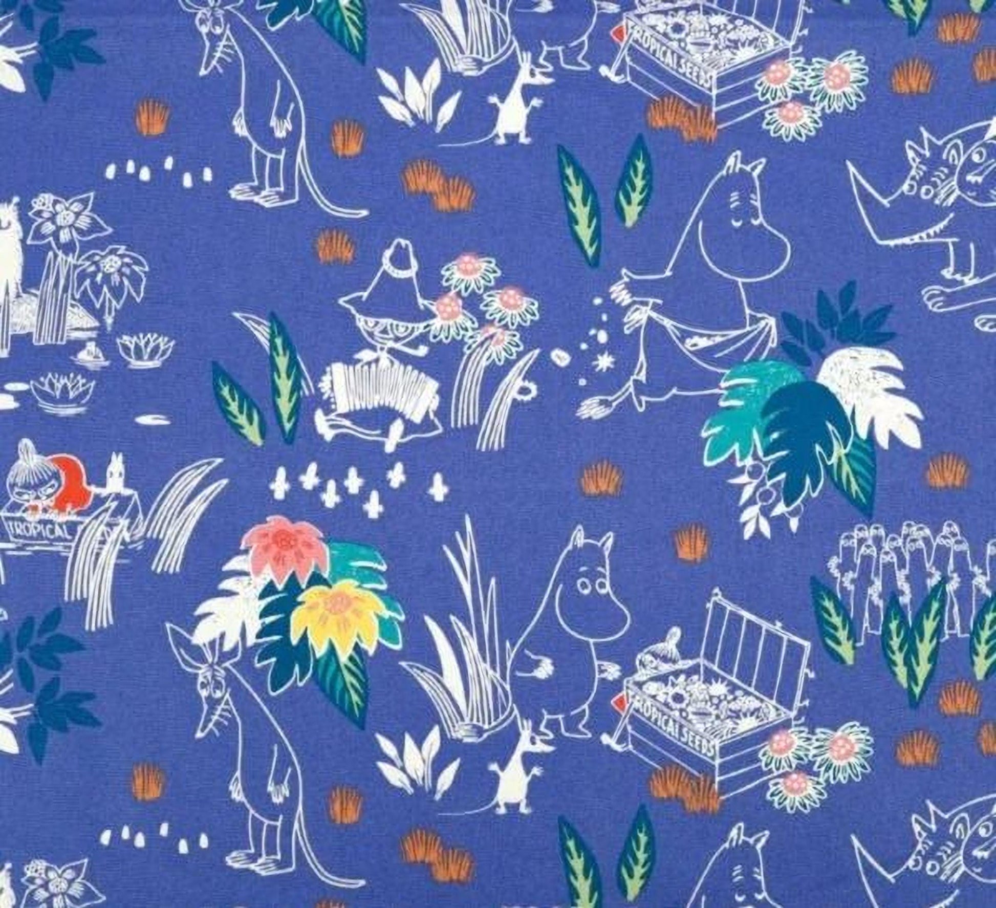 The image is a fabric print featuring a repeating pattern of various cartoon-style animals and plants, including kangaroos, elephants, and tropical flowers, against a blue background.